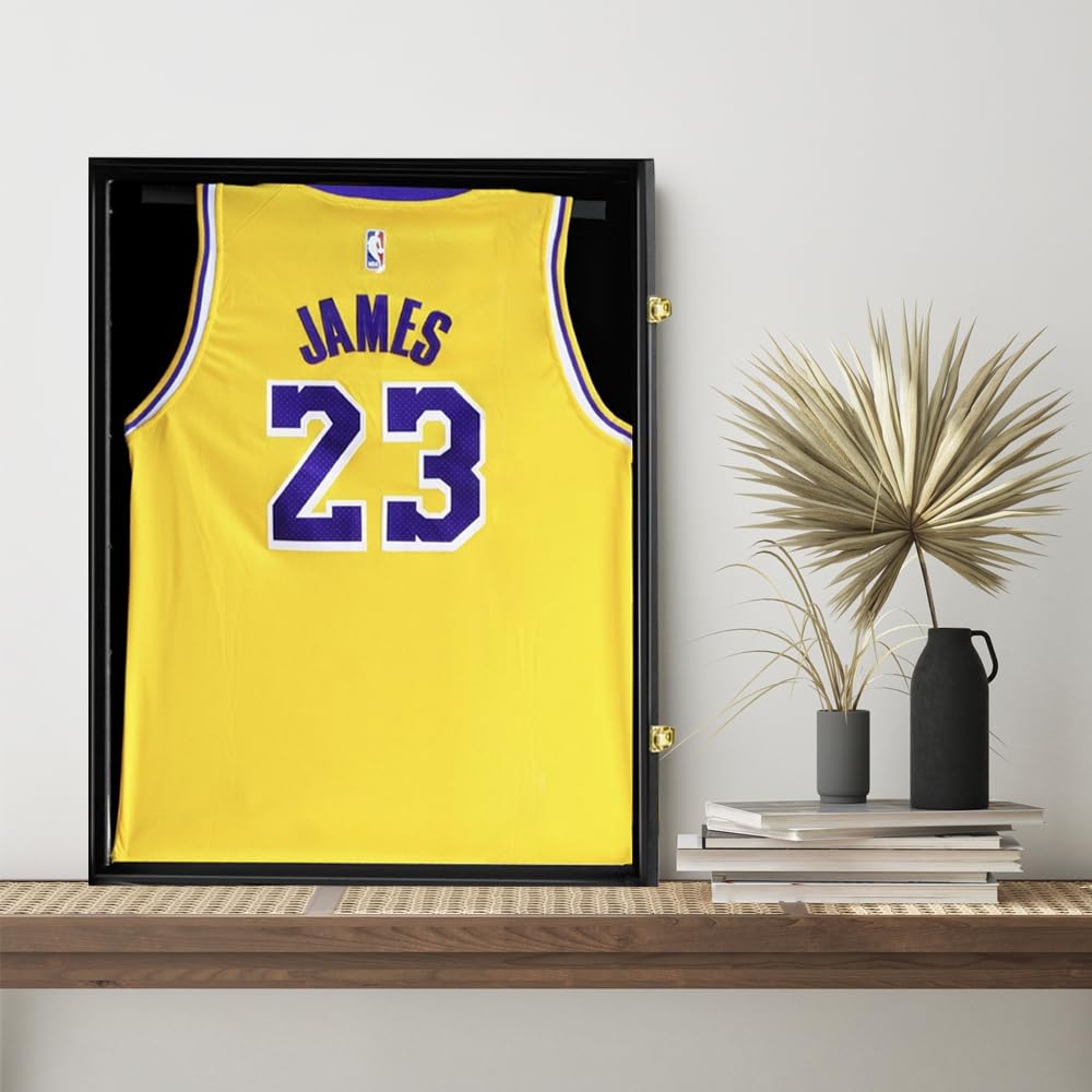 Jersey Frame Display Case, NETGOG 23.6x31.5-in Large Jersey Frame Shadow Box Lockable with UV Protection Acrylic and Hanger for Collection Baseball Basketball Football Hockey Sport Shirt Black
