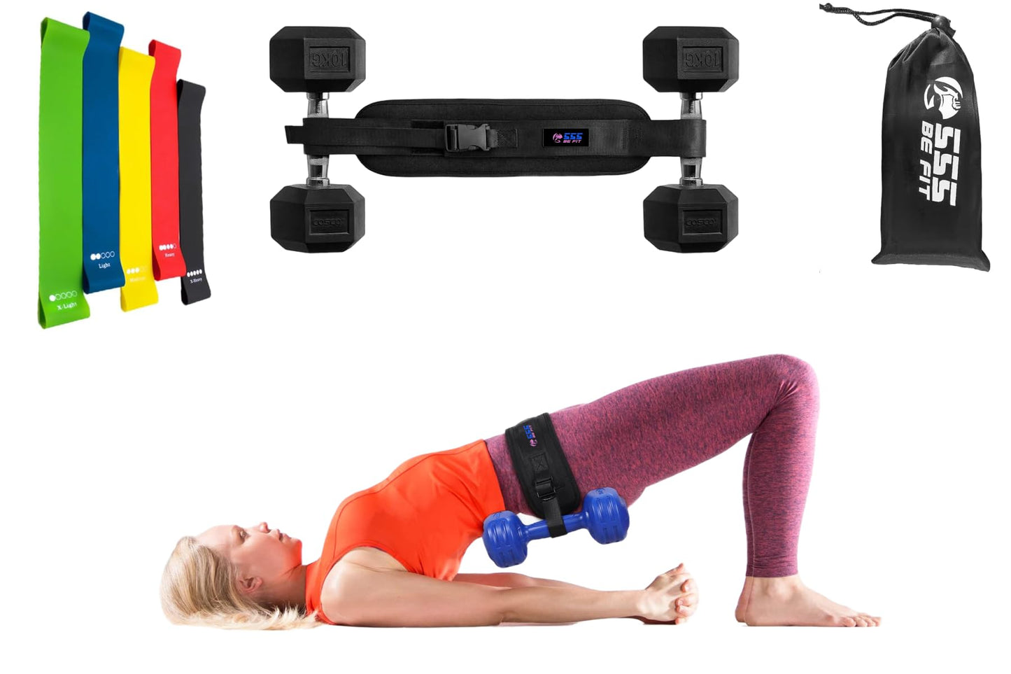 555 BE FIT - Exercise Hip Thrust Belt - Free Resistance Bands Set – for Dumbbells, Kettlebells, and Plates – Slip-Resistant Padding for Hip Protection – Perfect for Gym, Home, and On-The-Go Workouts