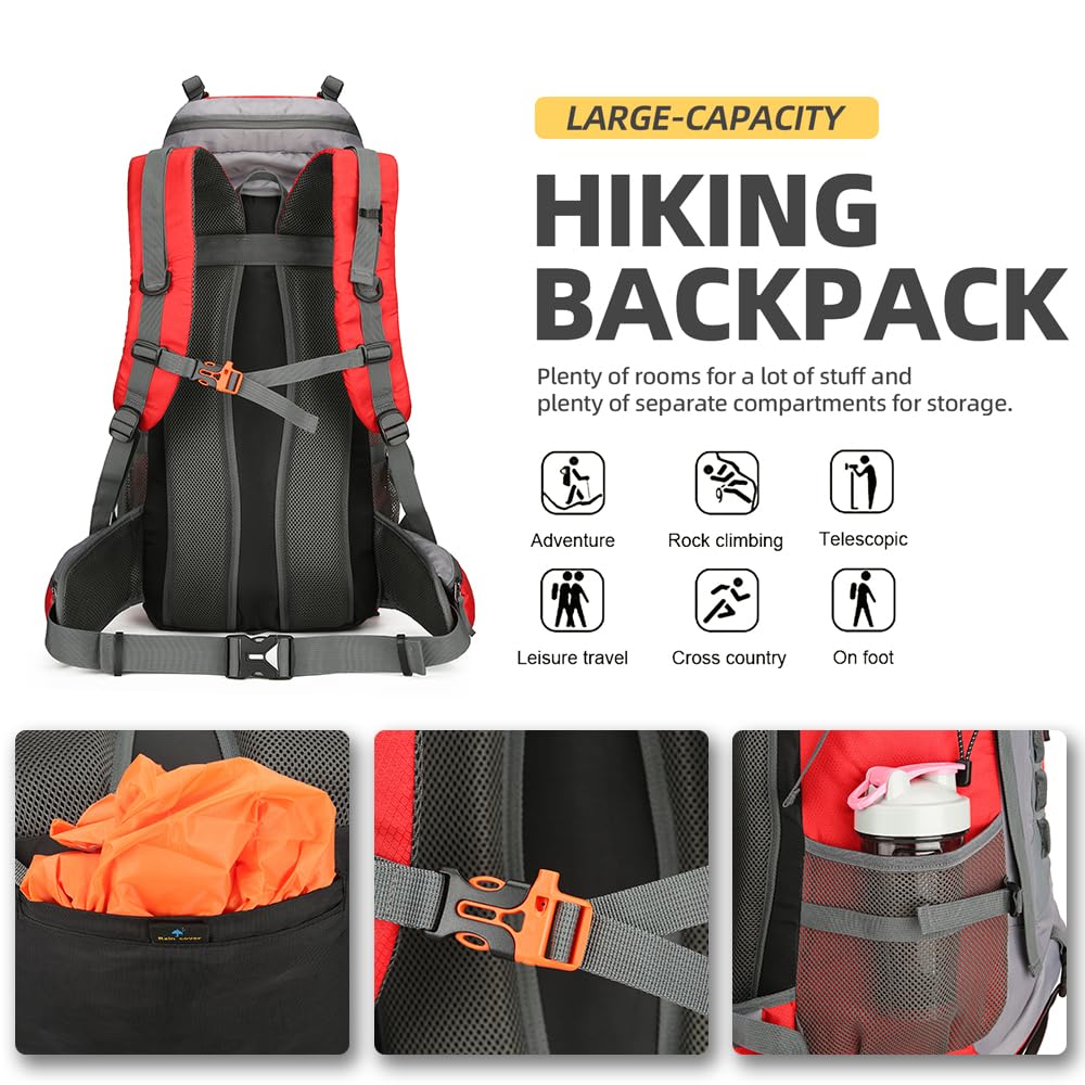 King'sGuard 60L Hiking Backpack Lightweight Camping Backpack with Rain Cover Large Waterproof Packable Outdoor Trekking Travel Backpack for Men Women (Red)