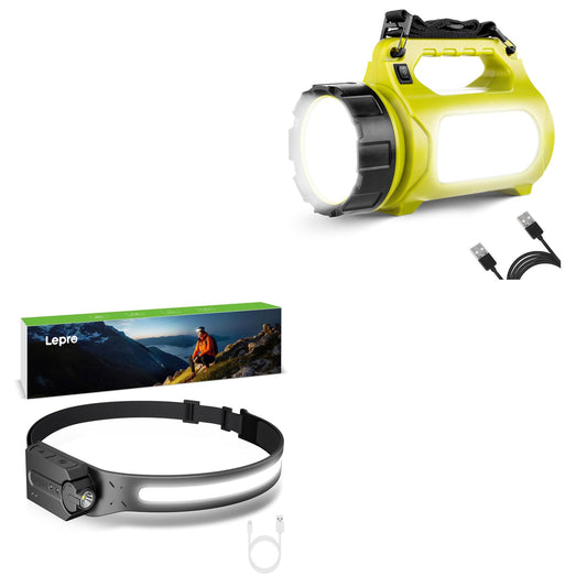 Lepro Bundle - Rechargeable LED Lantern, Camping Essentials, 1000LM, 5 Light Modes, Power Bank & 230°COB Wide Beam & Adjustable Spotlight, Waterproof Headlamp