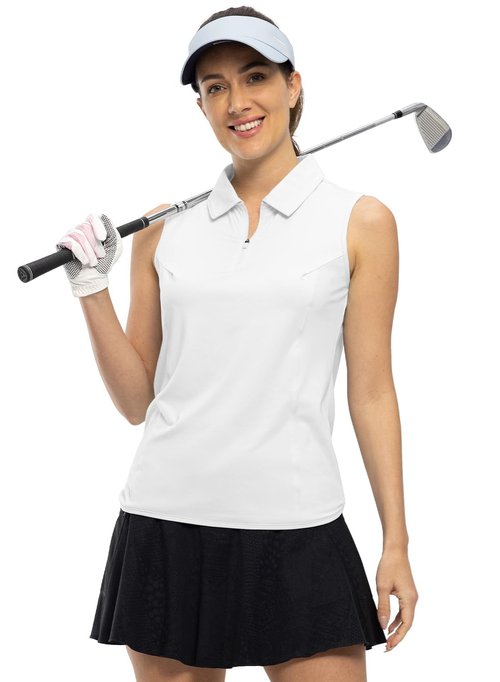 BGOWATU Women's Sleeveless Golf Polo Shirts 1/4 Zip Tennis Tank Tops with Collar UV Protection Dry Fit White S