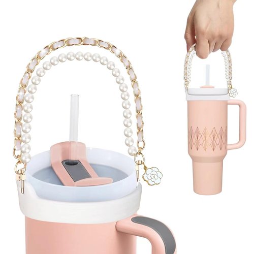 DLDXGXNR Pearl Cup Strap Fits Most 8-40 oz Bottles Pearl Water Bottle Handle Strap Tumbler Carrier Leather Chain Strap Compatible with Stanley Cup Accessories(White)