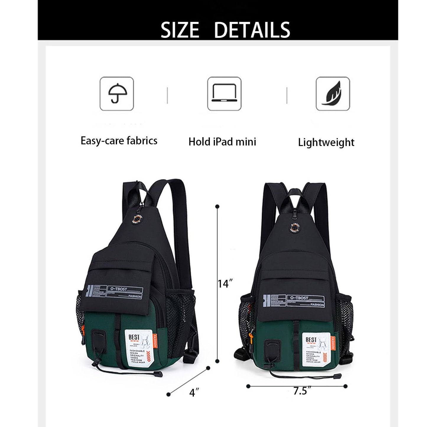 JENAGREEN Waterproof Sling Backpack Crossbody Shoulder Bag for Women Men, Crossbody Bag Casual Daypack Travel Hiking Adjustable Chest Bag