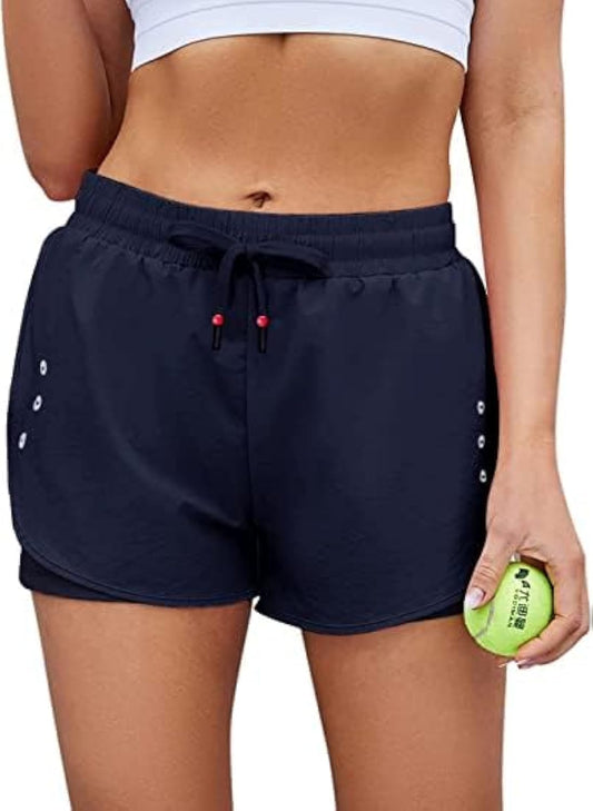 KOJOOIN Athletic Shorts for Women Quick Dry, High Waisted Womens 2 in 1 Running Shorts Lightweight Workout Gym Shorts Women with Pocket Dark Blue