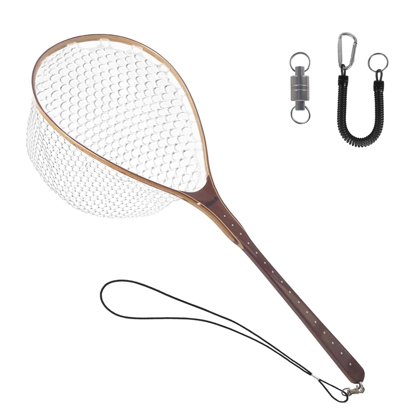 Aventik Fly Fishing Landing Trout Fishing Wooden Net with Magnet Release Soft Rubber Net Bag Catch & Release Great Protection for Fish (Long Handle/Small Hole with Magnet)