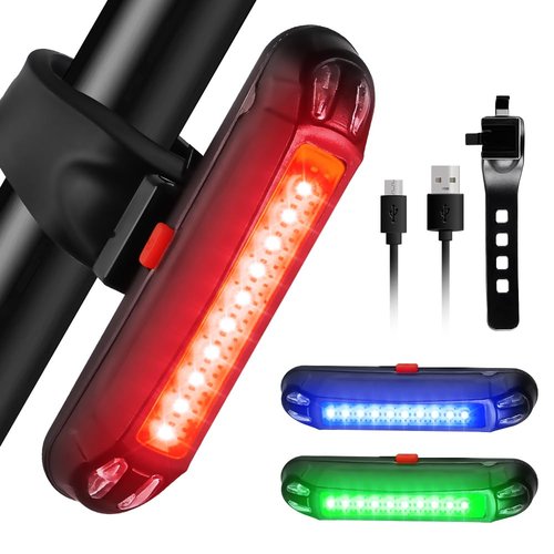 Chemini USB Rechargeable Bike Rear Light,Red/Blue/Green 3 Color 7 Lighting Modes Bike Tailight Waterproof Rear Bicycle Light for Cycling,Backpacks,Helmet-1 Pack