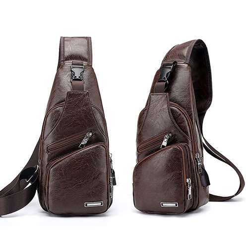 Peicees Pack of 2 Large Leather Sling Bag Mens Crossbody Bag Chest Bag Sling Backpack for Men with USB Charge Port, Dark Brown&Black