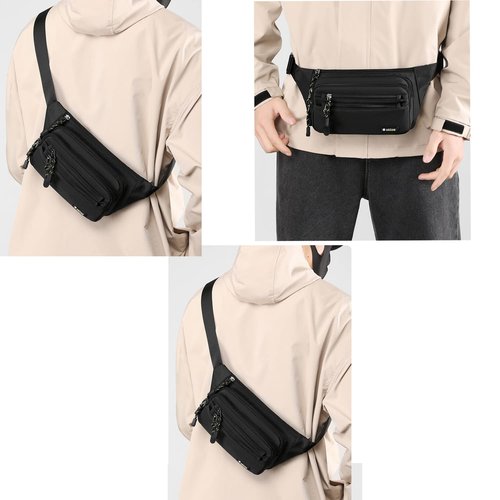 Large Waist Bum Bag Fanny Pack for Outdoor Sport Fashion Waterproof Bag Belt Bag for women men boys Multifunctional Travel Workout Hiking Running Cycling 6 Zipper Pockets (Black)