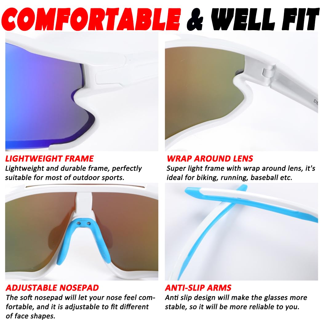 ITSCOOL Polarized Sports Sunglasses for Men Women Lightweight Softball Baseball Running Cycling Glasses UV Protection White Blue