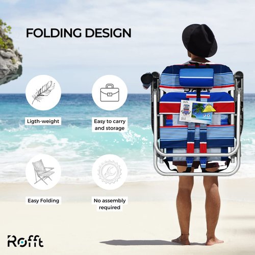ROFFT Heavy Duty Beach Chair 6 Positions Reclining for Adults Folding Lightweight with Backpack Straps Cooler Cup Holders Big Storage Pillow and Towel bar Lay Flat Position