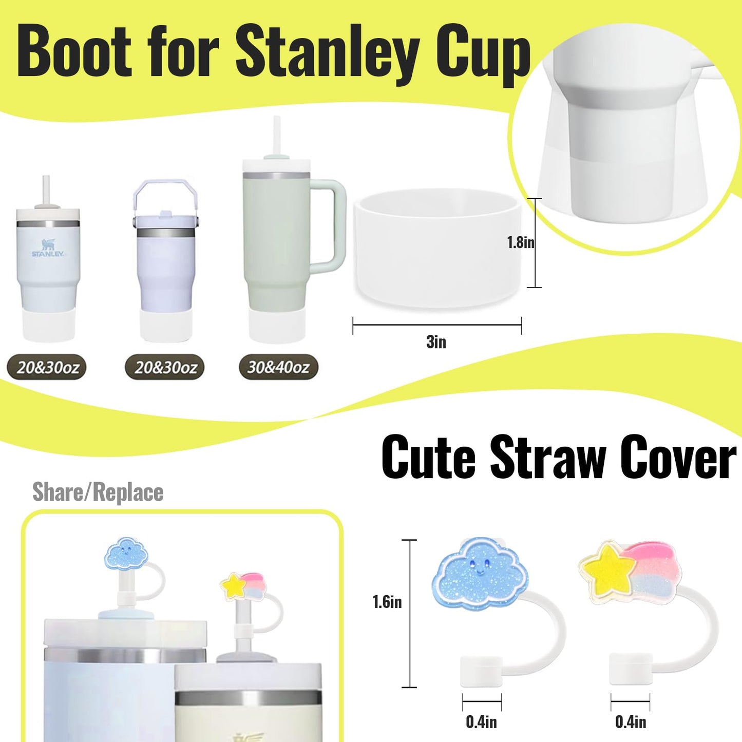 Fabenyok 8PCS Cup Accessories Set for Stanley 30oz & 40oz Tumbler, Including Water Bottle Handle Strap, Boot, Spill Stopper Set, Straw Straw Cover Cap for Stanley Cup Accessories(White)