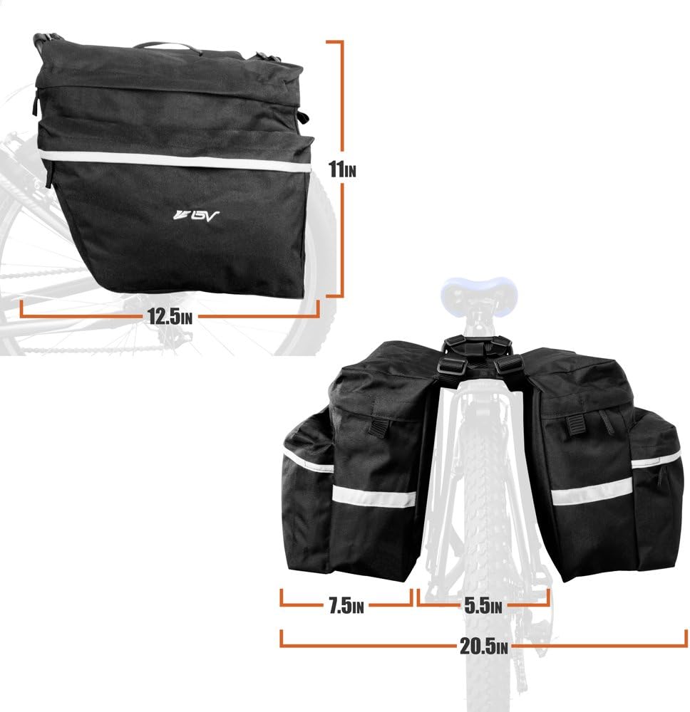 BV 26L Rear Bike Bag - Bike Saddle Bag with 4 Zippered Compartments & Adjustable Hooks - Water-Resistant Bike Bags for Bicycles with Reflective Trim, Taillight Hanger & Handle - Fits Most Racks