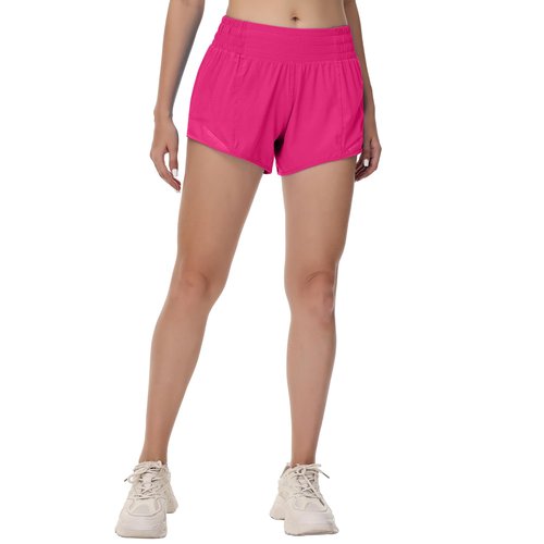 MCEDAR Women's Running Shorts High Waisted Lined 4"，Lightweight Active Workout Quick Dry Gym Athletic Sports Shorts Zip Pocket Hot Pink,6/S