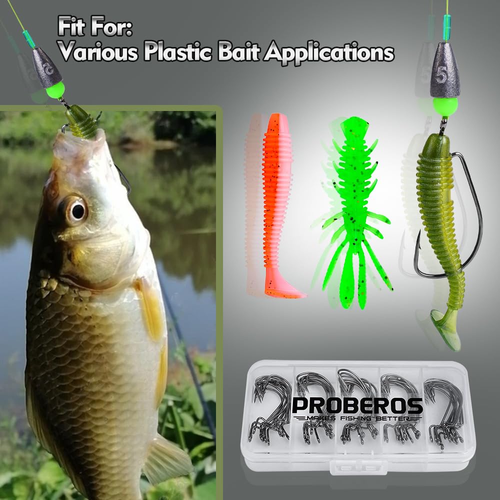 Fishing Hooks for Bass Fishing - 50pcs EWG Offset Worm Hook Texas Rig Hooks for Freshwater Saltwater Size 1/0 2/0 3/0 4/0 5/0 - Soft Lures Worms Plastics Bait Fishing Hook with Tackle Box