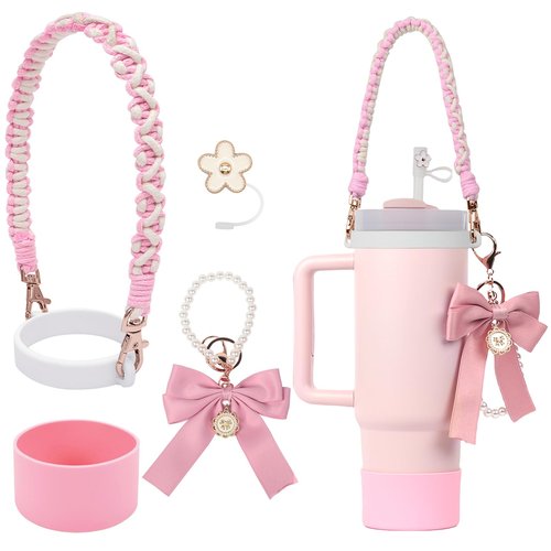 Stanley Cup Accessories Set - Braided Design Water Bottle Handle Strap, Silicone Boot, Straw Toppers for 30/40oz Tumble (Pink)