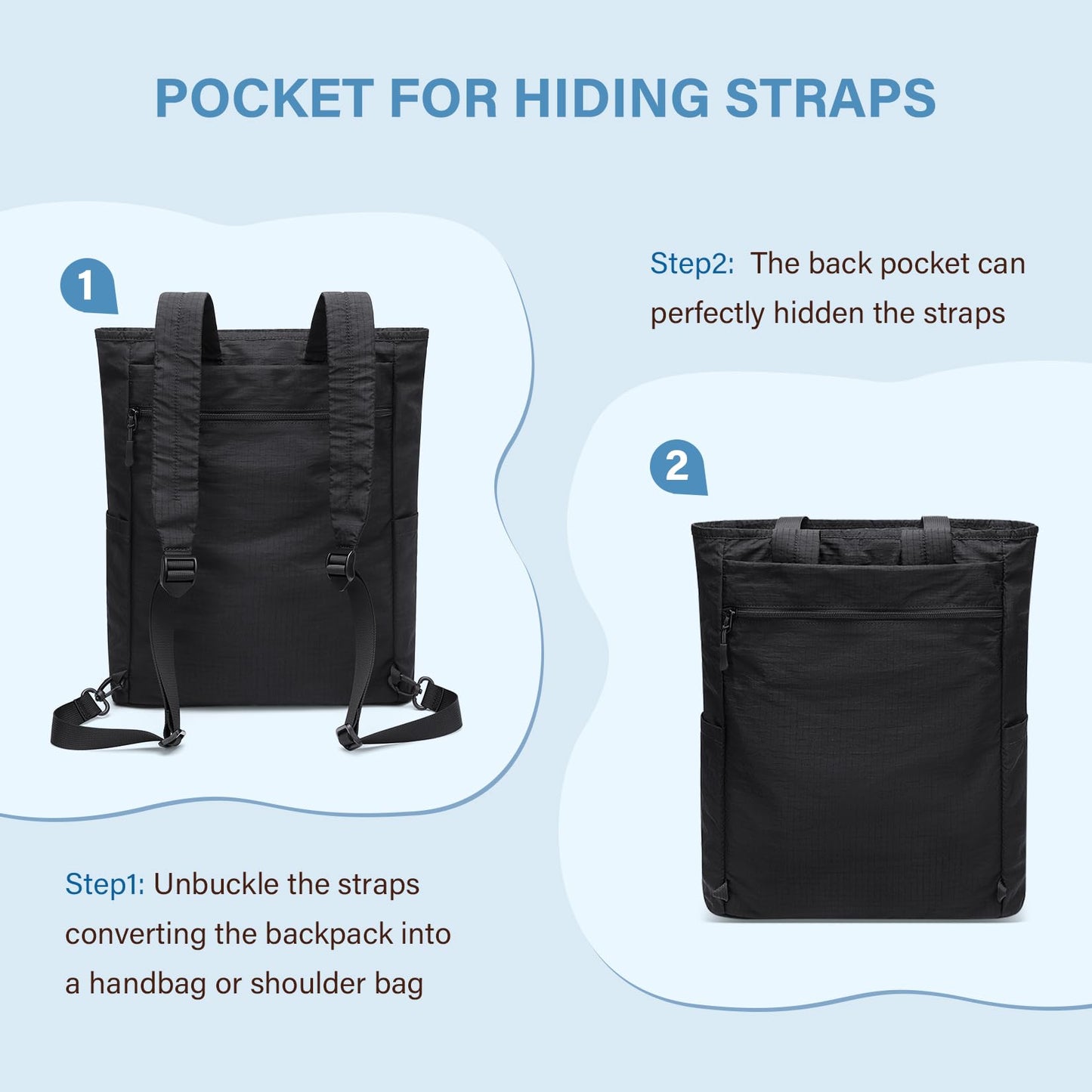 GOLF SUPAGS Foldaway Convertible Tote Backpack Lightweight Nylon Daypack Women Men City Pack Versatile Backpack Leisure, Black