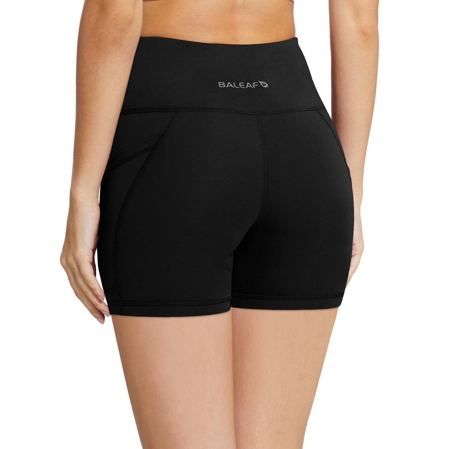 baleaf Biker Shorts for Women 5" Workout Yoga Gym Spandex Running Volleyball Compression Tummy Control Short with Pockets Black L