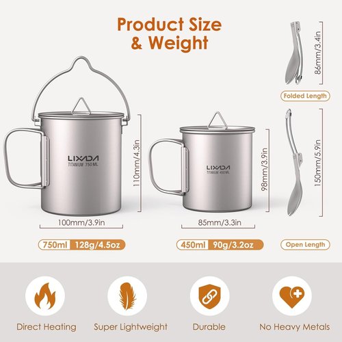 Lixada Titanium Camping Cookware with Folding Spork, 750ml Camping Titanium Pot & 450ml Coffee Mug with Foldable Handle & Lid, Portable Outdoor Camping Cookware Set for Backpacking Hiking Cooking