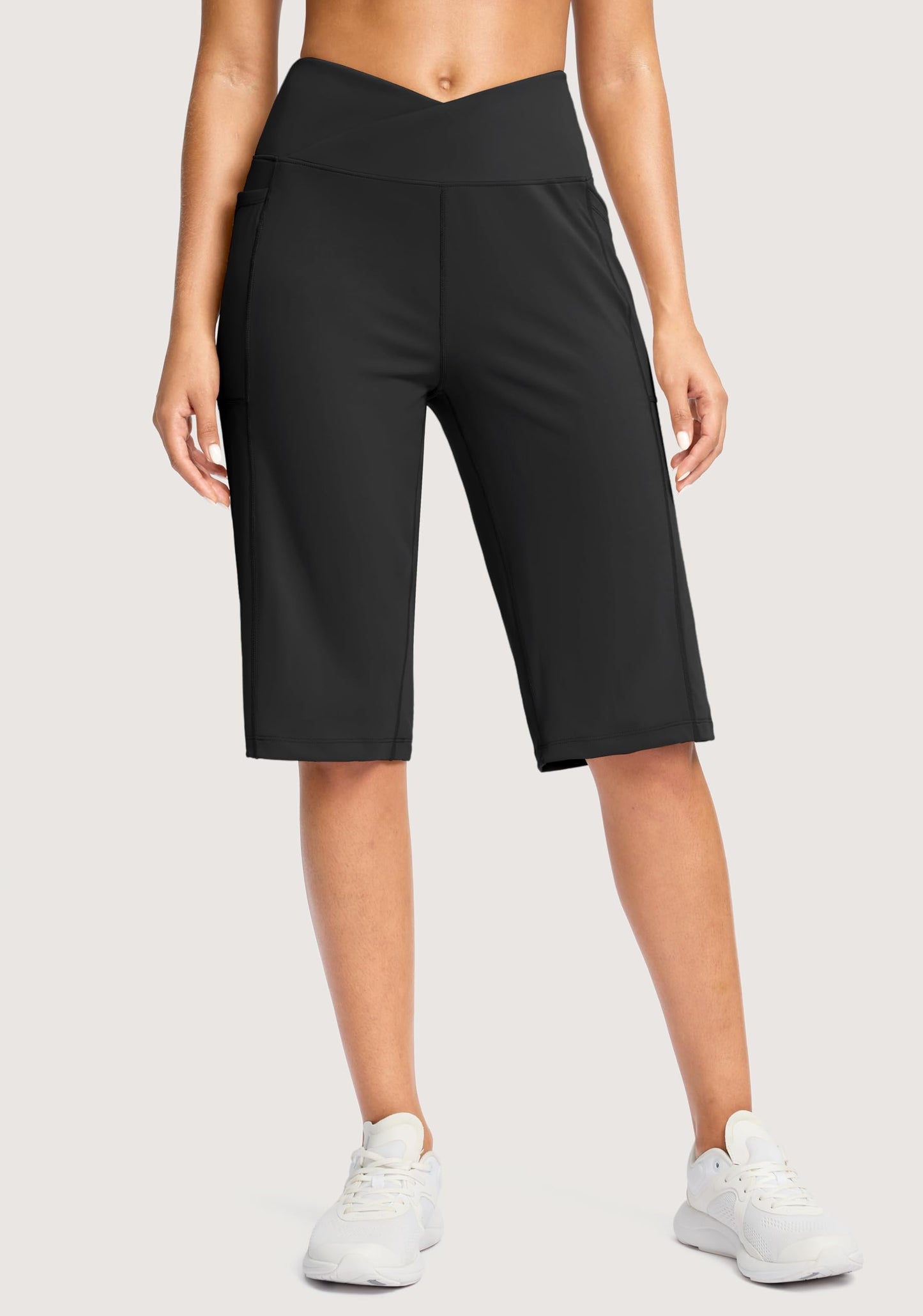 G Gradual Women's 14" Bermuda Long Shorts Knee Length High Waisted Athletic Shorts with Pockets Stretch Casual Summer Walking(Black,XXXL)