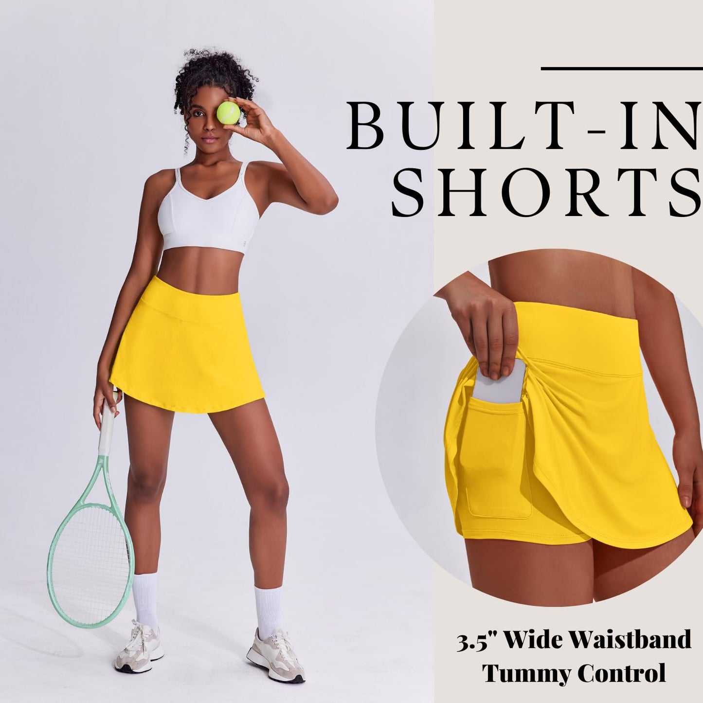 PINSPARK High Waisted Tennis Skirt for Women Skorts Skirts with Pockets Casual Pleated Golf Athletic Running,Yellow Small