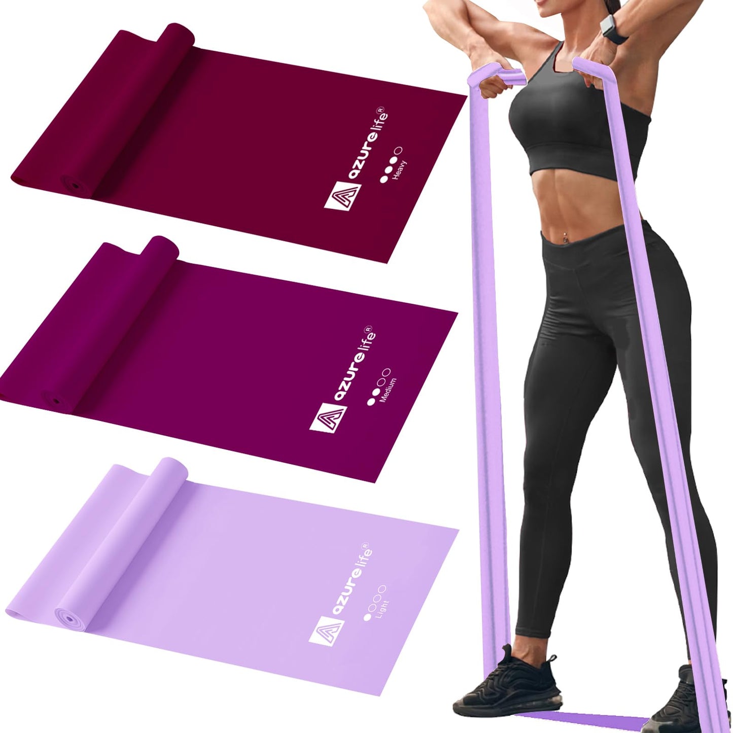A AZURELIFE Flat Resistance Band Set (3 Pieces Total) Exercise Bands and Premium Stretch Strap with Loops