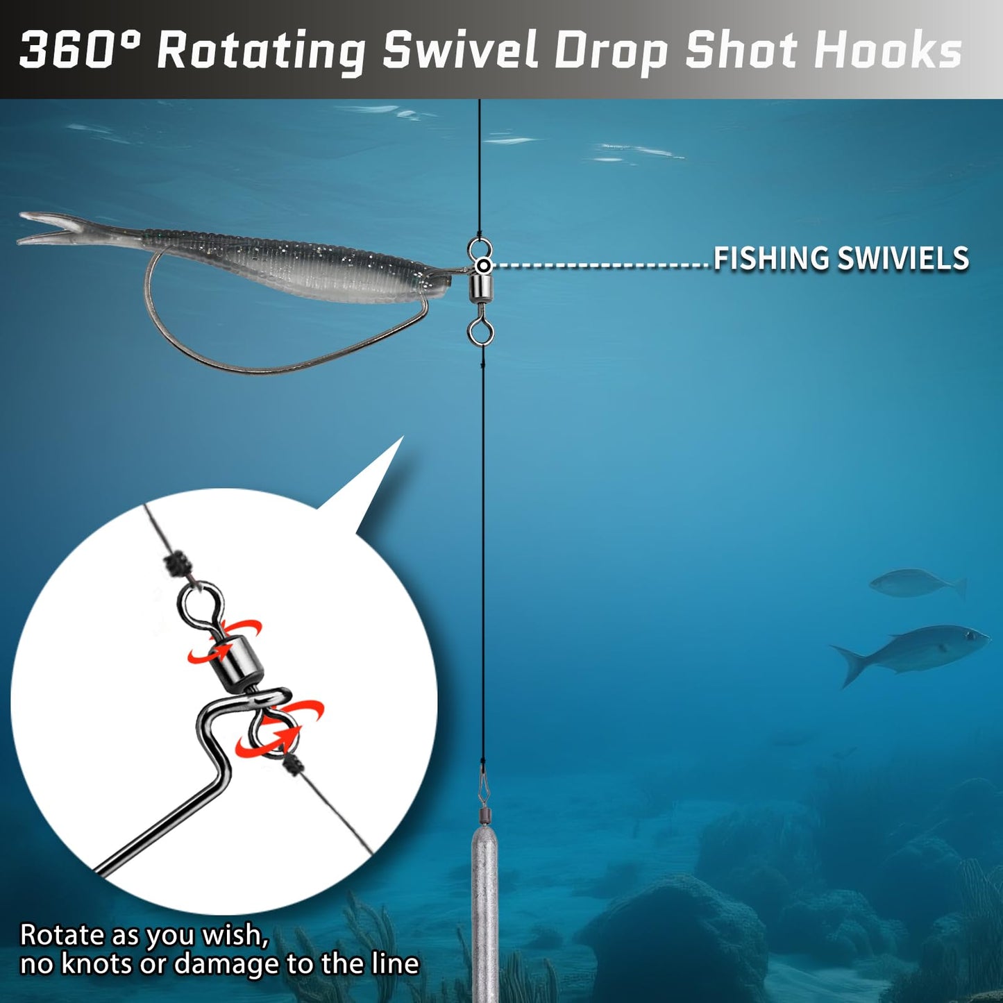 FishTrip Spin Shot Hooks for Drop Shot Rigs, 20pcs EWG Hook for Bass Fishing with Swivel Saltwater Freshwater Size 2/0