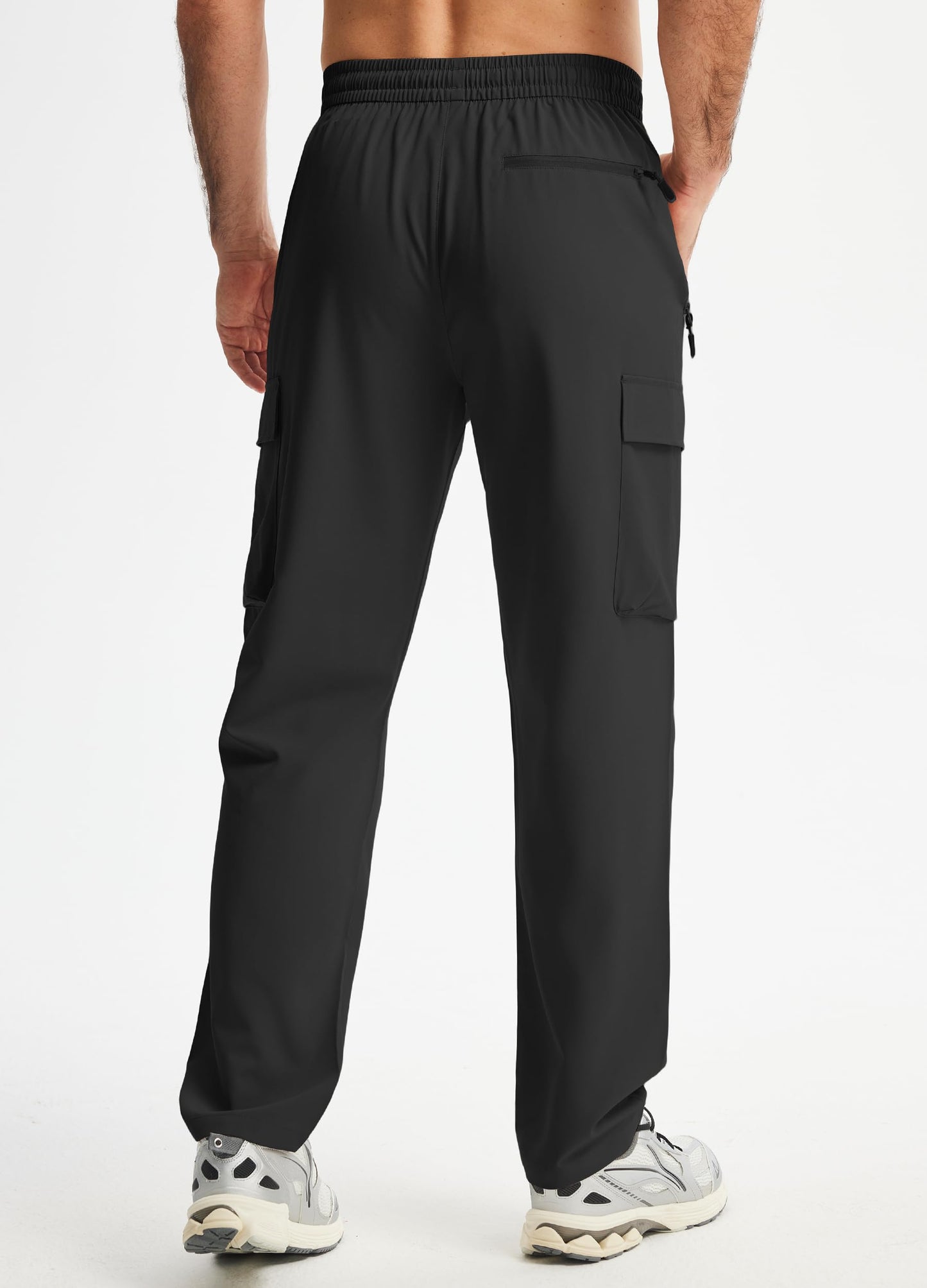 Men's Elastic Waist Hiking Pants Lightweight Quick Dry Cargo Track Pants Water Resistant Travel Outdoor Sweatpants Jogging Athletic Clothes with Zipper Pockets Black L