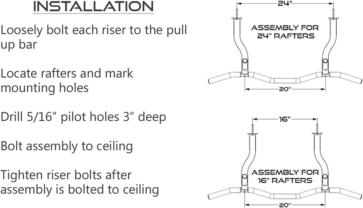 Ceiling Mount Pull Up Bar with Reversible Risers for 16 and 24 Inch Joists with Optimum Grip Spacing by Ultimate Body Press