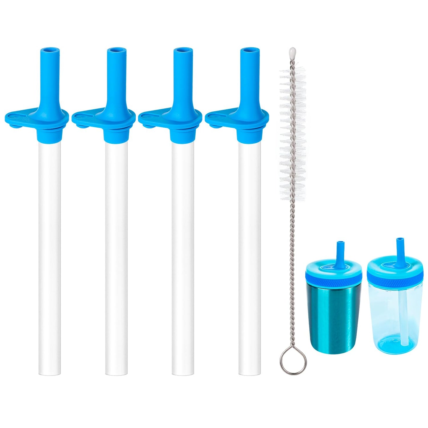 4pcs Replacement Straws with Bite Valve for Zak Designs Kelso 15 oz, with 1 Cleaning Brush Reusable Kids Cup Replacement Straws Accessory for Zak, BPA-Free (Blue)