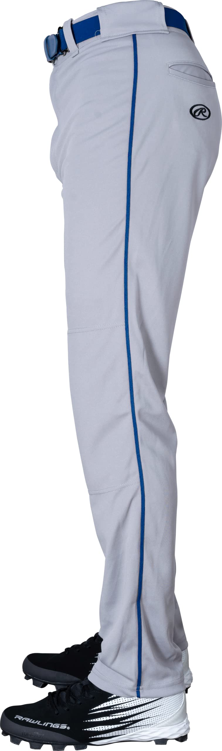 Rawlings | Standard Semi-Relaxed Full Length Baseball Pants | Piped | Grey/Royal | Adult Small