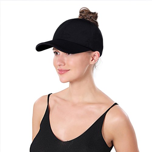 Criss Cross High Ponytail Baseball Cap for Women Lightweight Mesh Running Hat with Reflective Trim, Adjustable Fit for Sports Black