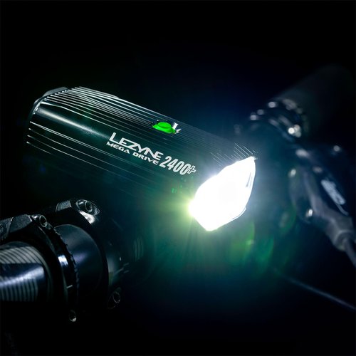 LEZYNE Mega Drive Bicycle USB-C Rechargeable IPX7 White LED Front Light with Multiple Solid & Flash Modes | Integrated Silicone Rubber Strap Mount | 2400 Lumens, Black Gloss