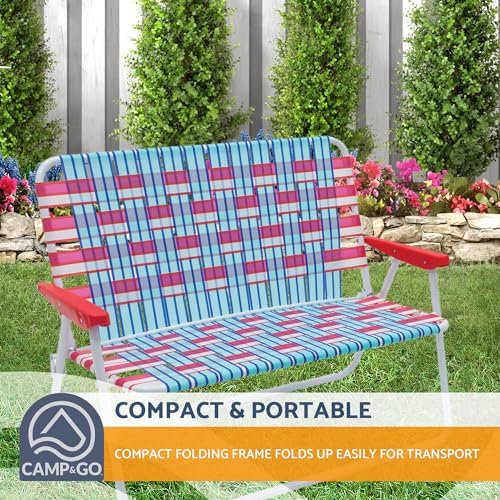CAMP & GO 16.5" High Seat Outdoor Double Wide Loveseat Web Folding Chair, Blue/Red