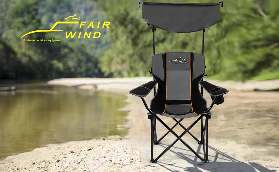 FAIR WIND Oversized Camping Lounge Chair with Adjustable Shade Canopy for Outdoor Sports Heavy Duty Quad Fold Chair Arm Chair - Obsidian