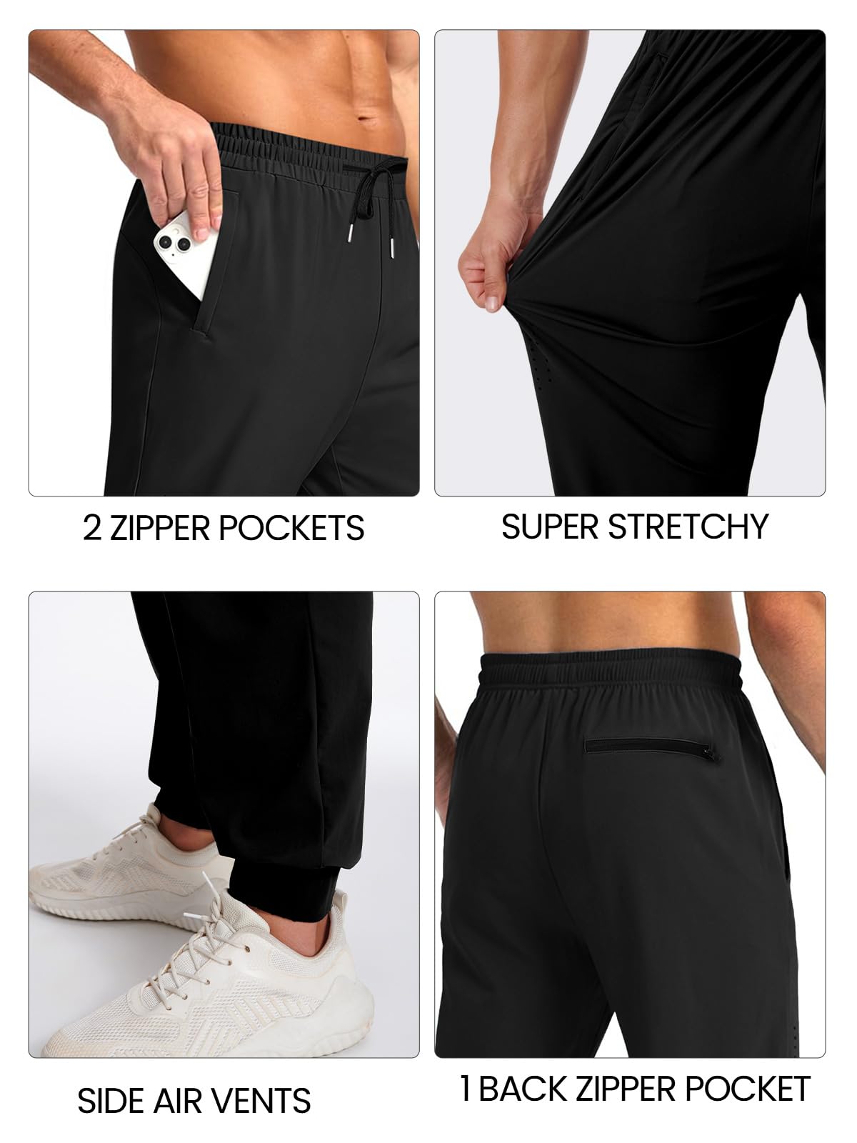 Auxo Men's Workout Pants with Zipper Pockets Tapered Breathable Sweatpants for Casual Gym Running Jogger Track Pants Black S