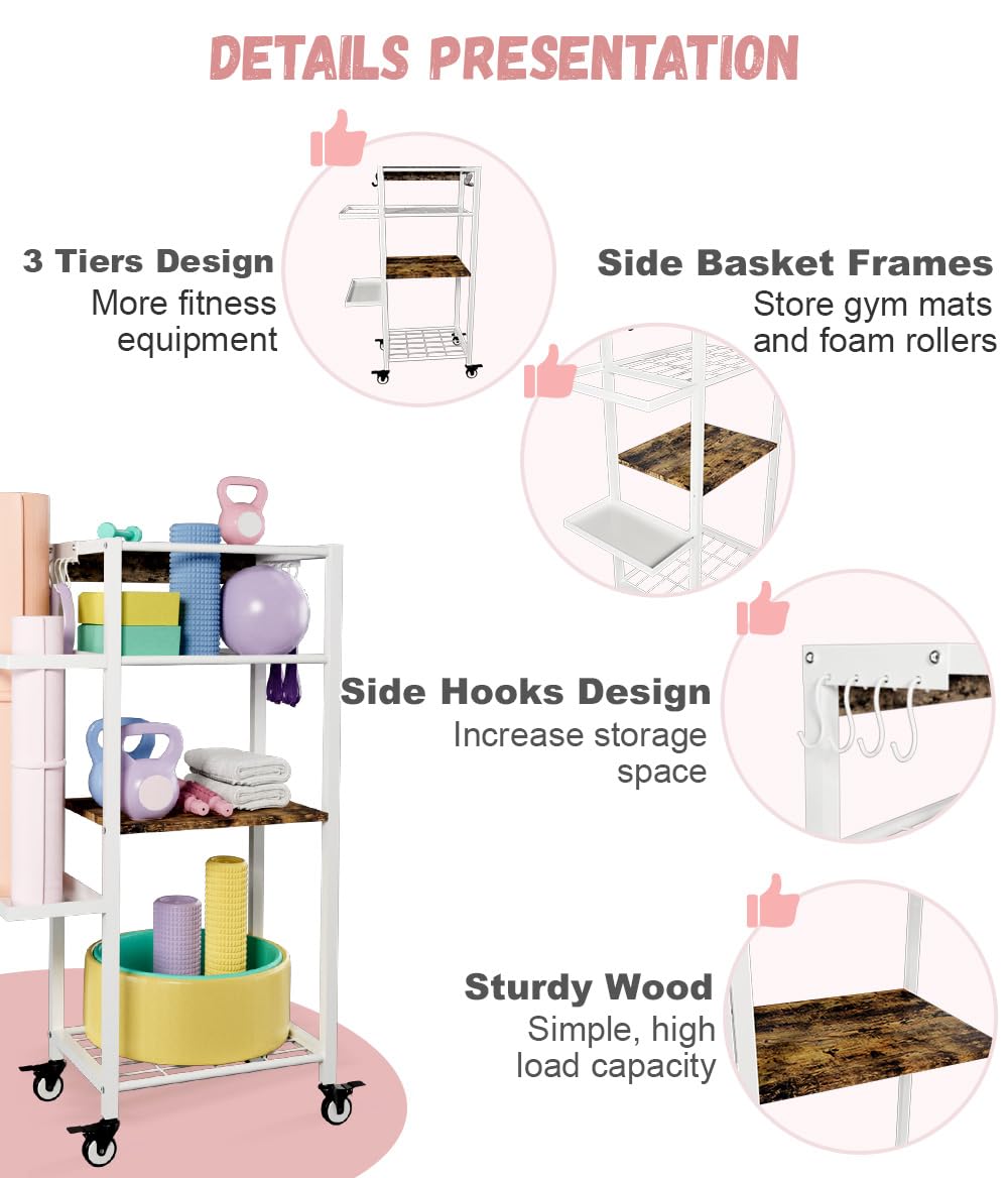 Ardier Yoga Mat Storage Rack with Wheels, 3 Tier Home Gym Workout Equipment Organizer for Dumbbells, Kettlebells, Foam Rollers