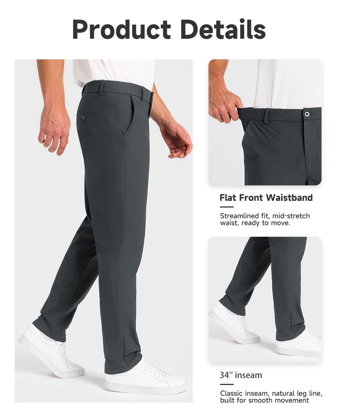 SNOWTEN Mens Work Pants, Business Casual Pants for Men, Stretch Golf Pants 30" Quick Dry Lightweight with Pockets Darkgrey 33w × 30L
