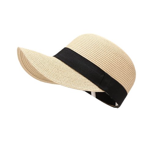 Summer Visor Hats for Women Foldable Floppy Solid Color Straw Sun Hat Travel Beach Baseball Cap (Beige)
