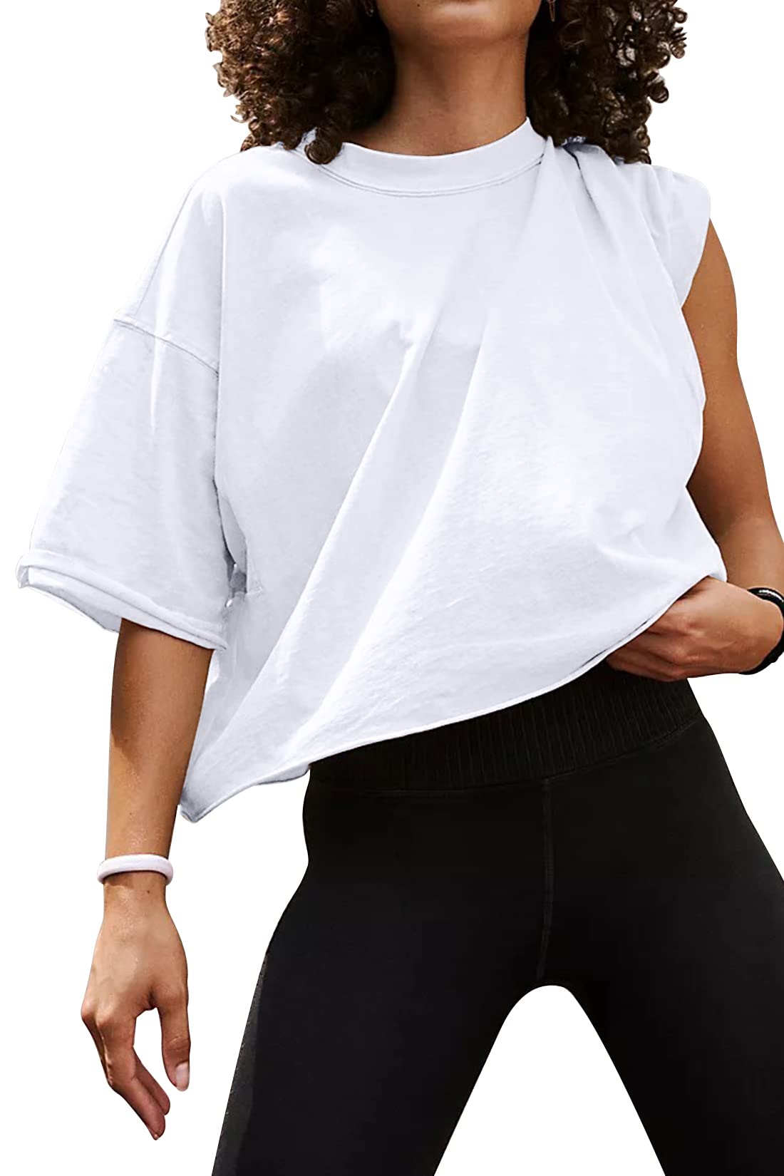 Teens' Loose Fit Crop Tops Boxy Half Sleeve Drop Shoulder T-Shirts Relexed Basic Workout Gym Tees White S