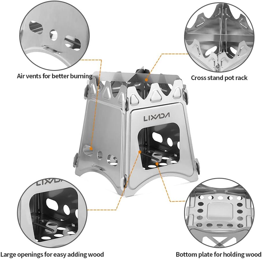 Portable Stainless Steel Camping Wood Stove - Lightweight Folding Backpacking Stove for Outdoor Cooking, Hiking, BBQ
