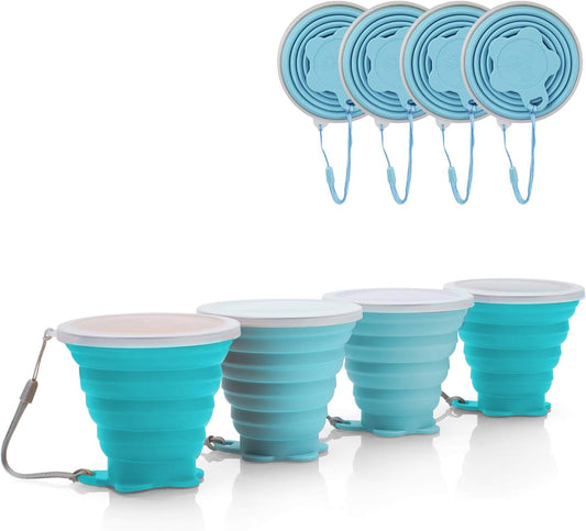 JBER Silicone Collapsible Travel Cup, 4 Pack Silicone Folding Camping Cup with Lids Expandable Drinking Cup Set BPA Free Reusable Portable Graduated for Outdoor Hiking Travel