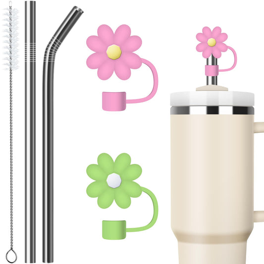 2PCS Cute Straw Covers Compatible with Stanley 30 & 40 oz Tumbler – 15mm Straw Cap with Stainless Steel Straw and Brush, Kawaii Accessories for Cup(Pink and Green)