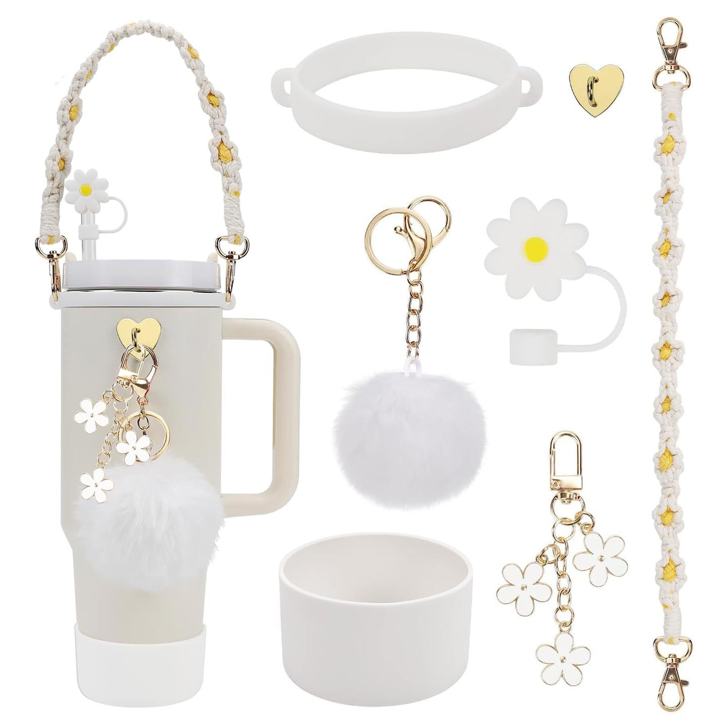 Gestarich 7PCS Stanley Cup Accessories, White Silicone Tumbler Accessories for 30/40oz Stanley Tumbler, Including Straw Cover, Boot, Hand Strap, 4 Pcs Charms
