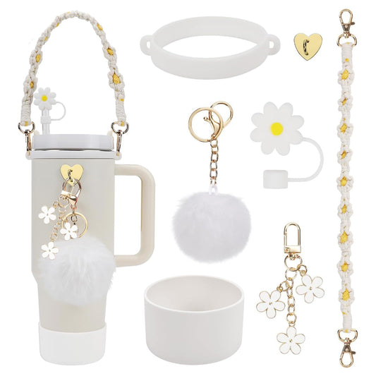 Gestarich 7PCS Stanley Cup Accessories, White Silicone Tumbler Accessories for 30/40oz Stanley Tumbler, Including Straw Cover, Boot, Hand Strap, 4 Pcs Charms