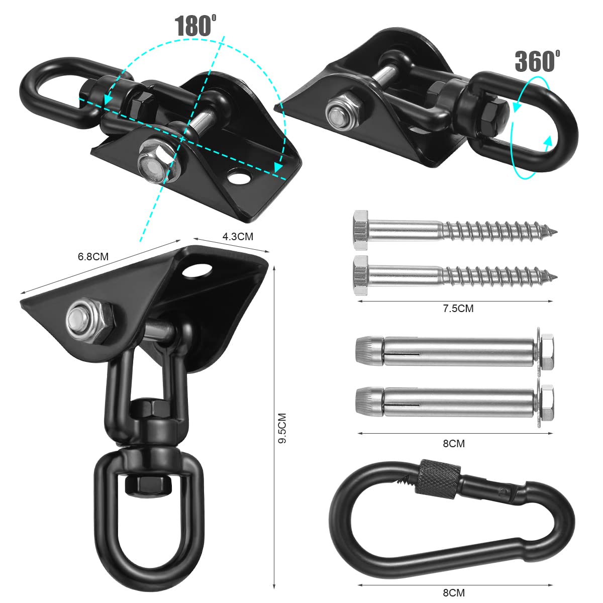 Hammock Hanging Kit,Hanging Chair Hardware 360°Rotating 1000 lb Capacity Hammock Hooks Heavy Duty,Hammock Chair Hanging Kit & Swing Ceiling Hook Snap for Hammock Chair Stand,Seat, Tree,Yoga,Gym(Black)