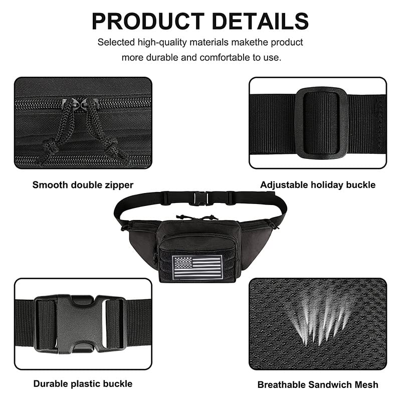 Galaxy Concealed Carry Pistol Waist Pouch - Tactical Fanny Pack Holster, Waist Gun Bag, Fits Handgun,1911 For Camping Hunting Hiking Fishing.. Molle With USA Flag Patch Black