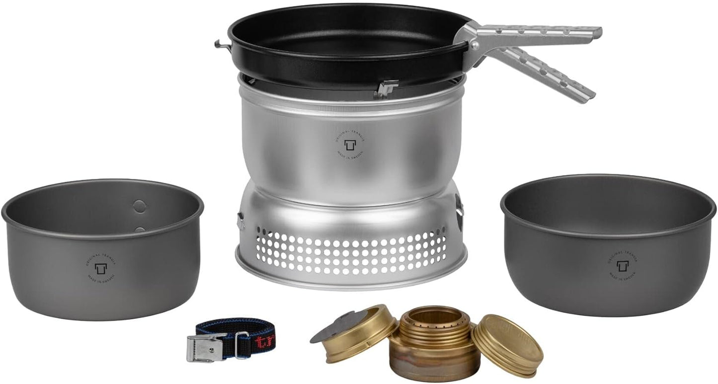 Trangia - 25-9 Ultralight Hard Anodized Camping Cookset | Includes: Alcohol Stove, 2 HA Pots, Non-Stick Frypan, Upper & Lower Windshield, Pot Gripper, & Strap