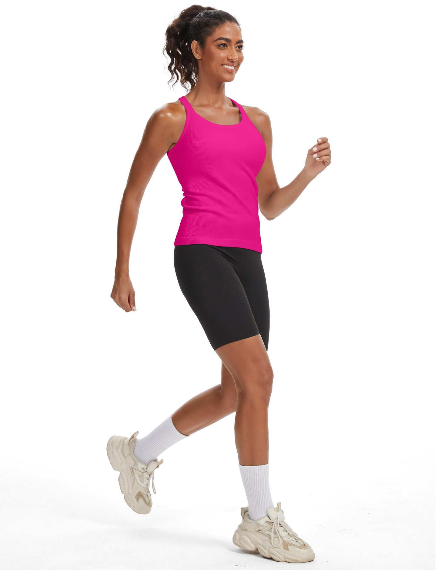 MathCat Seamless Workout Tank Tops for Women with Built in Bra, Ribbed Racerback Athletic Yoga Camisole Deep Pink