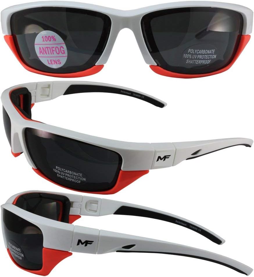 Swithback Padded Motocycle Riding Sunglasses/Goggles White and Orange Frame Smoke Lens With Removable Foam Padding