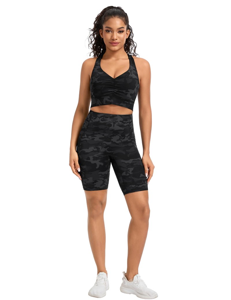 THE GYM PEOPLE Women's Cross Back Ruched Sports Bra V Neck Wide Straps Removable Pads Workout Yoga Crop Top
